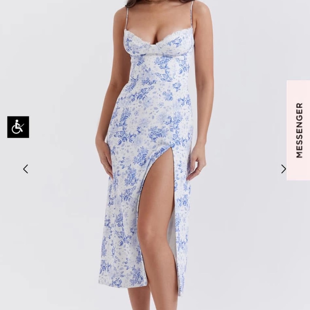 House of CB Charlotte Midi Dress Blue & White Floral Size Large+ D-E Cup